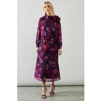 Wallis Women's Petite Floral Print Tie Neck Georgette Midi Dress in Purple | Size: 14