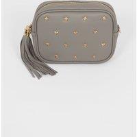 Sarta Women's Eloise - Italian Leather Star Studded Crossbody Bag - Grey, Pebbled in Grey