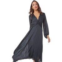 Roman Women's Metallic Stripe Chiffon Twist Front Midi Dress in Black | Size: 10