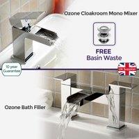 Nes Home Ozone Waterfall Brass Chrome Modern Cloakroom & Bath Filler Mixer Tap With Free Waste in Silver