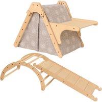 Novecrafto 5-in-1 Pikler Set for Toddlers - Indoor Gym with Creativity Desk, Playhouse Tent - Montessori Climbing Set in Natural