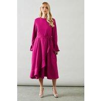 Wallis Women's Petite Ruffle Front Belted Midi Dress in Magenta | Size: 12