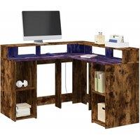Berkfield Home Desk with LED Lights Smoked Oak 130x130x91 cm Engineered Wood in Brown | Size: 130 x 130 x 91 cm