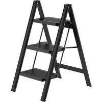Gr8 Home 3 Step Ladder Black Folding Stool Non Slip Heavy Duty Carbon Steel Lightweight