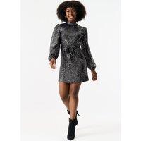 Gini London Women's Black High Neck Long Sleeves Belted Sequin Dress | Size: 12