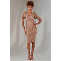 Jolie Moi Women's Flare Sleeve Ruched Sequin Dress in Bronze | Size: 12