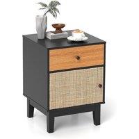 Gymax Modern Bedside Table Rattan Nightstand With Cabinet & Solid Wood Legs in Black
