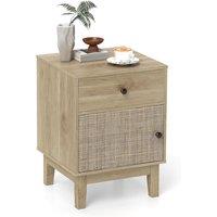 Gymax Modern Bedside Table Rattan Nightstand With Cabinet & Solid Wood Legs in Natural