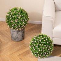 Costway 2 PCS Artificial Plant Topiary Balls 37cm Faux Decorative Balls with Pink Flowers in Green