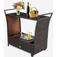 FURNITURE ONE Rattan Serving Trolley Cart Bar Cart on Wheels with Removable Ice Bucket in Dark Brown