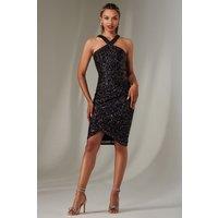 Jolie Moi Women's Sequin Halter Neck Wrap Dress in Navy | Size: 18
