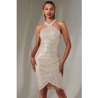 Jolie Moi Women's Sequin Halter Neck Wrap Dress in Beige | Size: 12