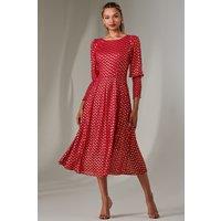 Jolie Moi Women's Puff Sleeve Gold Spotty Midaxi Dress in Dark Red | Size: 14