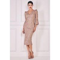 Goddiva Women's Sequin Scallop Lace Midi Dress in Medium Beige | Size: 8