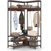 Gymax L-shaped Clothes Rack Corner Shoe Bench With Open Shelves & 7 Hooks in Dark Brown