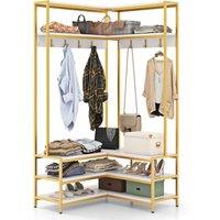 Gymax L-shaped Clothes Rack Corner Shoe Bench With Open Shelves & 7 Hooks in White
