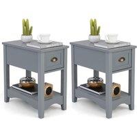 Gymax 2 Pack Retro Side Table Nightstand End Table With 1 Drawer & Solid Wood Legs in Grey