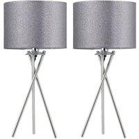 First Choice Lighting Set of 2 Chrome Tripod Table Lamps with Grey Glitter Shades in Silver