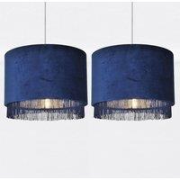 First Choice Lighting Set of 2 Navy Velvet With Chrome Inner Tassled Light Shades