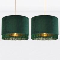 First Choice Lighting Set of 2 Spruce Green Velvet With Gold Inner Tassled Light Shades