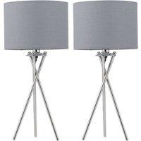 First Choice Lighting Set of 2 Chrome Tripod Table Lamps with Grey Cotton Shades in Silver