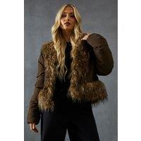 MissPap Women's Faux Fur Trim Puffer Coat in Chocolate | Size: 10