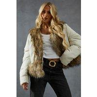 MissPap Women's Faux Fur Trim Puffer Coat in Cream | Size: 12