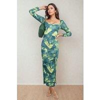 IKRUSH Women's Priscilla Printed Long Sleeve Cross-tied Back Midi Dress in Green | Size: XL