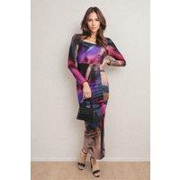 IKRUSH Women's Hana Abstract Printed Long Sleeve Ruched Side Slit Midi Dress in Black | Size: Medium