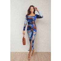 IKRUSH Women's Hana Abstract Printed Long Sleeve Ruched Side Slit Midi Dress in Blue | Size: Medium