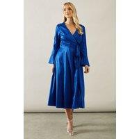 Wallis Women's Petite Animal Satin Jacquard Wrap Midi Dress in Cobalt | Size: 10