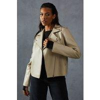 MissPap Women's Leather Look Biker Jacket in Stone | Size: 8