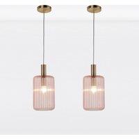 First Choice Lighting Set of 2 Blush Pink & Gold Fluted Glass Design Pendant Fittings