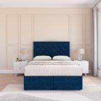 Sloomy Montana Plush Fabric Ottoman Bed End Opening With Sprung Memory Mattress & 26 Inch Headboard in Navy | Size: Super King