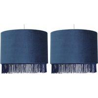 First Choice Lighting Set of 2 Fringed - Navy Blue 38cm Fringed Velvet Pendant Shades
