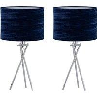 First Choice Lighting Set of 2 Chrome Tripod Table Lamps with Navy Blue Crushed Velvet Shades in Silver