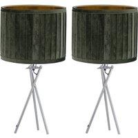First Choice Lighting Set of 2 Sundance - Chrome Tripod Table Lamps with Dark Green Pleated Velvet Shades in Silver