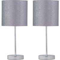 First Choice Lighting Set of 2 Chrome Stick Table Lamps with Grey Glitter Shades in Silver