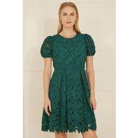 Yumi Women's Green Lace Skater Dress With Puff Sleeves | Size: 12
