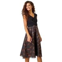 Roman Women's Metallic Feather Print Skater Dress in Bronze | Size: 18