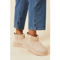 Dorothy Perkins Women's Hania Suedette Faux Fur Lined Stitch Detail Cosy Chunky Flatform Ankle Boots in Beige | Size: 8