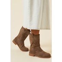 Good For The Sole: Nikaia Faux Suede Low Heel Calf Boot With Cosy Lining
