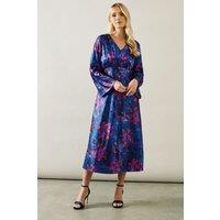 Wallis Women's Petite Floral Print Satin Jacquard Midaxi Dress in Blue | Size: 14