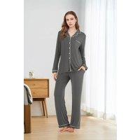 MODISHION Women's Long Sleeve Button Down Pajama Set in Grey | Size: 2XL