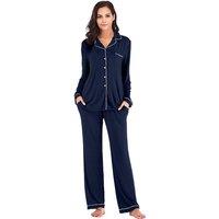 MODISHION Women's Long Sleeve Button Down Pajama Set in Dark Navy | Size: 2XL