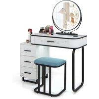 Costway Dressing Table Vanity Set Makeup Stool w/ Charging Station & 3Color Lighted Swivel Mirror & 3Drawer Chest in White