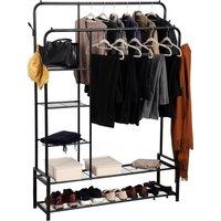 House of Home Double Clothes Rail Heavy Duty Freestanding with 2 Shoe Racks 3 Shelves 4 Hooks in Black
