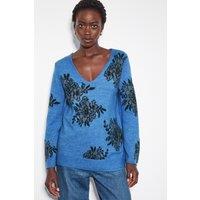 Monsoon Women's Jess V-Neck Floral Jacquard Jumper Blue | Size: Small