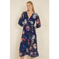 Yumi Women's Navy Watercolour Dip Hem Midi Wrap Dress | Size: 8