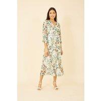 Ivory Floral Print Midi Wrap Dress With Pleated Skirt